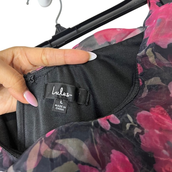 Lulu’s Sweet Romantic Black Floral Print Organza One-Shoulder Dress Size L - Picture 6 of 9